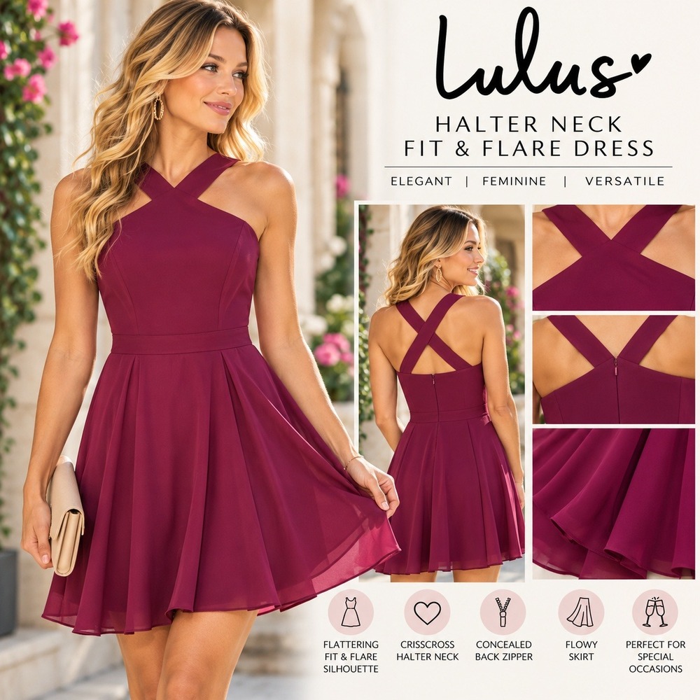 Lulus Magenta Crisscross Halter Neck Fit & Flare Mini Dress Special Occasion